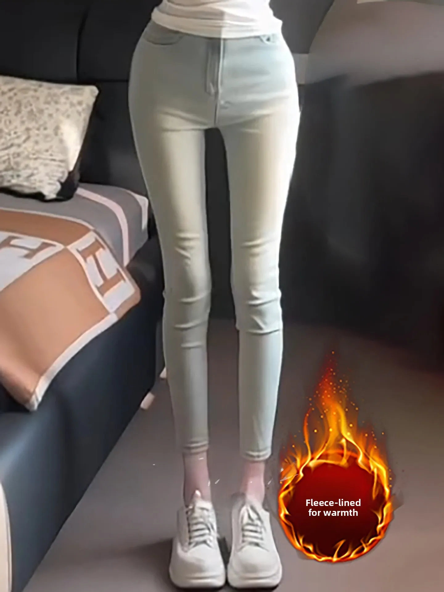 

Retro Light Blue High Waist Stretchy Slim Fit Casual All-Match Ankle-Length Women's Jeans Thermal Autumn Winter Denim Pants