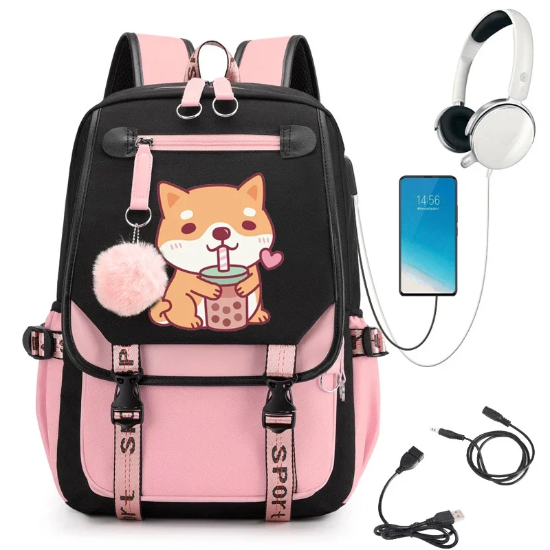 

Canvas Teenagers Cute Shiba Inu Dog Loves Bubble Tea Schoolbag Travel Backpack Fashion Student Anime Bagpack