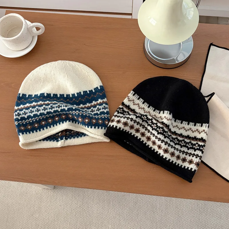 Korean Fair Island Style 100% Wool Jacquard Knitted Hat Women's Autumn and Winter Warm Versatile Pile Hat Atmosphere Cold Hat