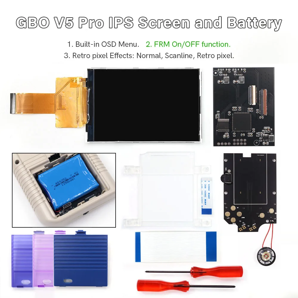 HISPEEDIDO Built-in OSD FRM Function of DMG GBO IPS V5 Pro IPS LCD Backlight Screen Kits W/ Pre-cut Housing Shell and Battery