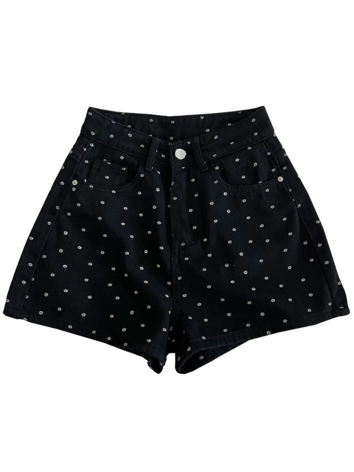 Women Floral Denim Shorts High Waist A-Line Vintage Jeans Shorts Casual Summer
