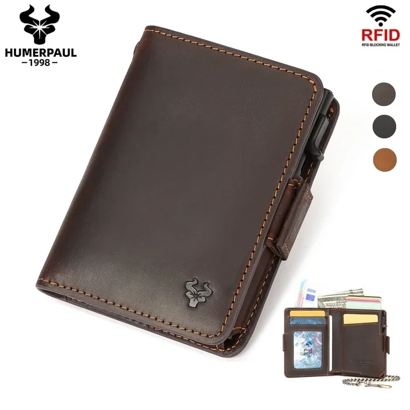 

Crazy Horse Leather Card Holder RFID Blocking Card Case Smart Pop-up Cardholder Fashion Men's Wallet with Long Anti-theft Chain