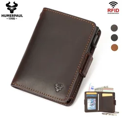 Verrücktes Pferd Leder Karten halter RFID Blocking Karten etui Smart Pop-up Karten inhaber Mode Herren Geldbörse mit langen Anti-Diebstahl-Kette