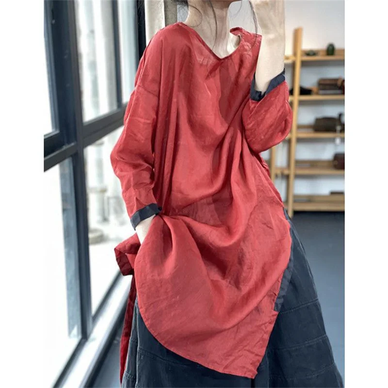 

Литературная летняя хлопково-льняная длинная блузка, женская лоскутная рубашка с цветными блоками, дышащий свободный повседневный топ с разрезом по бокам