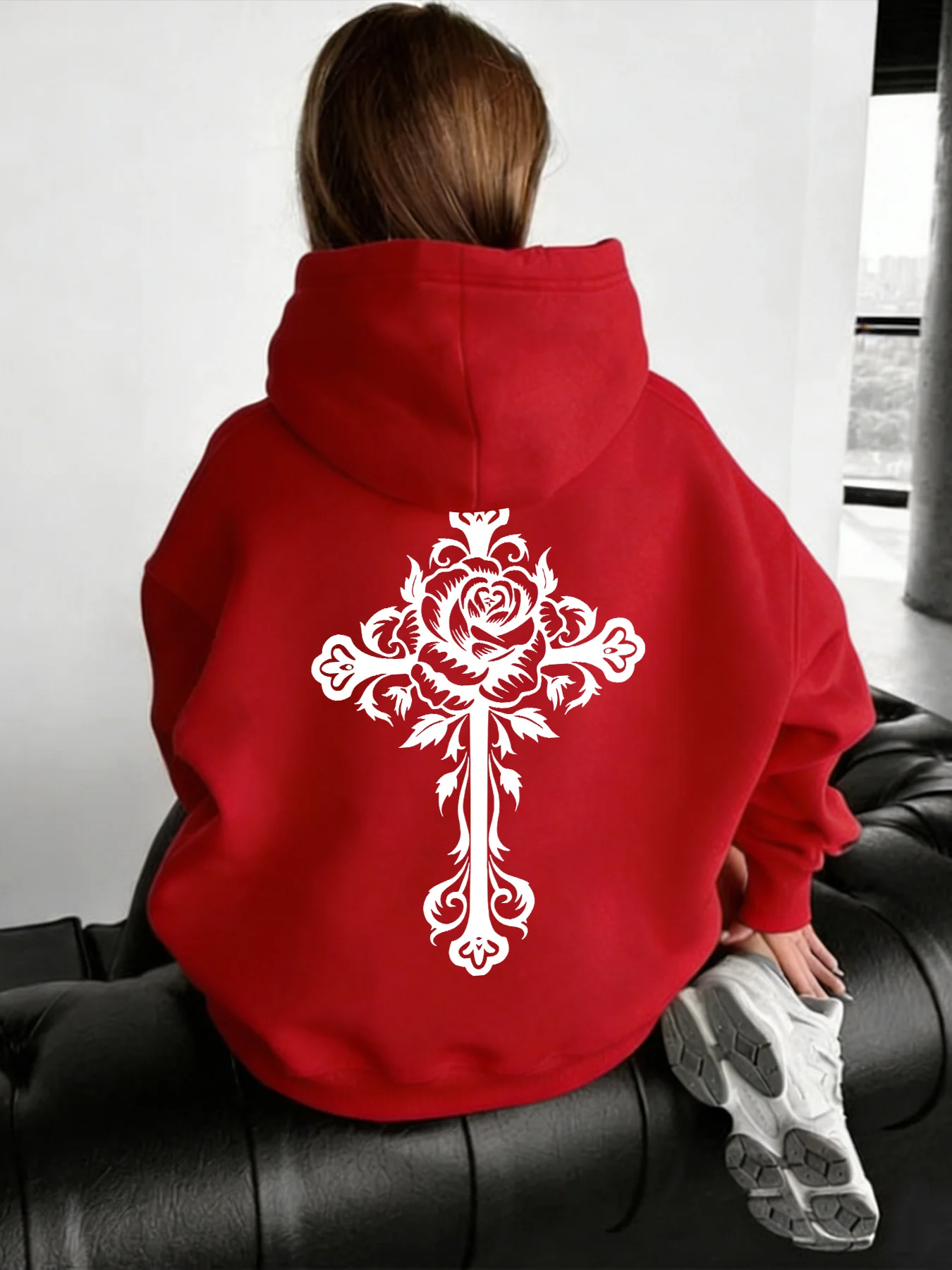 Women Rose Cross Carved Print Hoodie Unisex Autumn Winter Fleece Oversized Hooded Everyday Outdoors Hoodie for Any Occasion