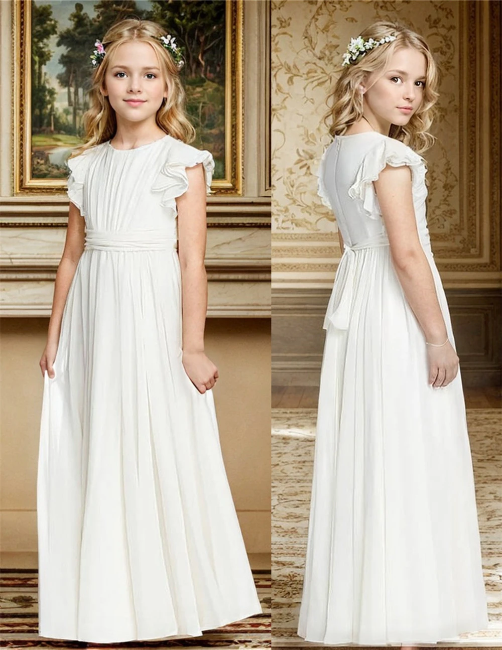 Hot Sale Flower Girl Dress Ruffles Sleeves Quinceanera Dresses Bridesmaid Dress Ruched Chiffon Sash robe de petite fille mariage