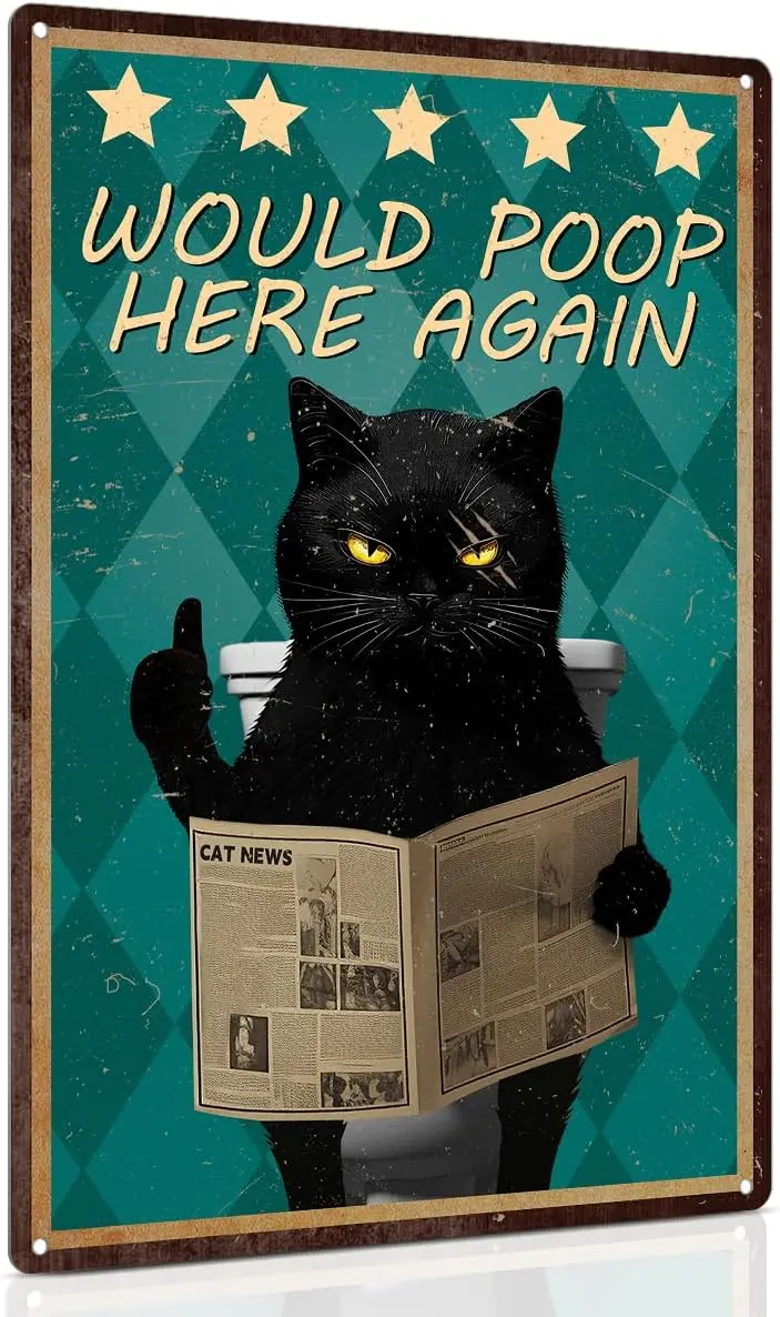 Funny Black Cat Metal Signs - Would Poop Here Again Bathroom Litter Box Wall Decor Gift for Cat Lovers 8x12 Inch