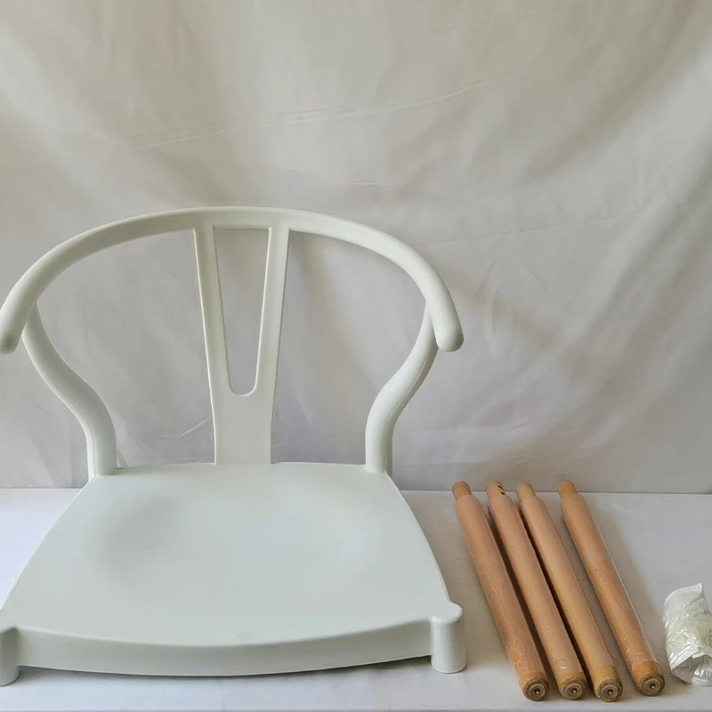 

Modern Plastic Dining Chair with Solid Wood Legs White Backrest Kitchen Chair Sturdy Makeup Vanity Stool for Home Office