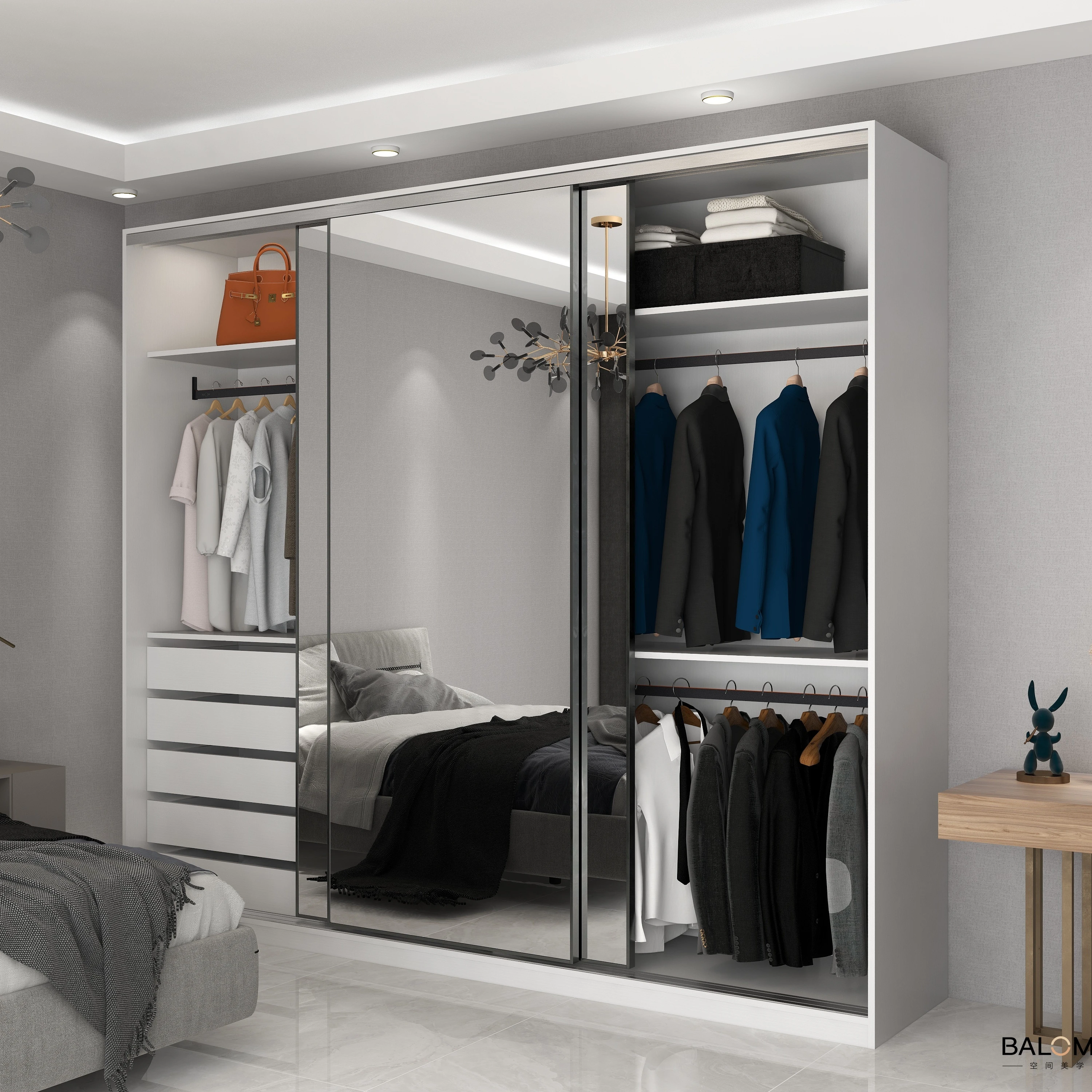 Modern Sliding Door Wooden Wardrobe with Mirrored Panels Space-Saving Storage Solution for Bedrooms for Home Use