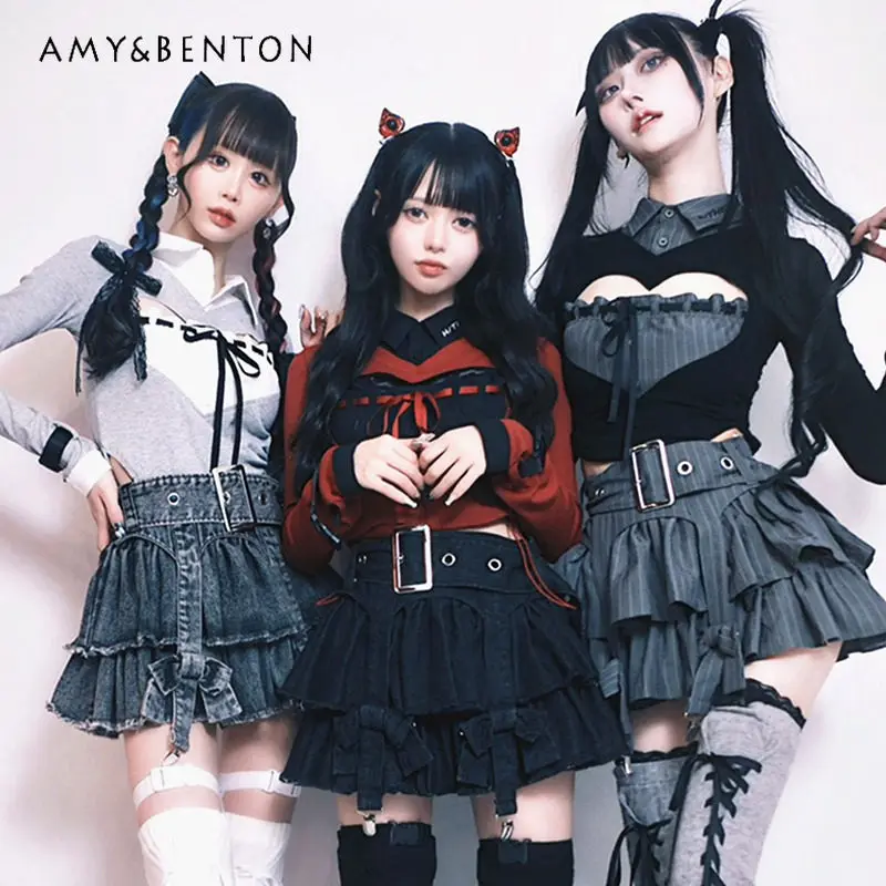 

Harajuku Style Heart Hollow Knitted Color Block Slim Turn-Down Collar Shirt Lolita Style Subculture Gothic Sexy Y2K Blouse Women