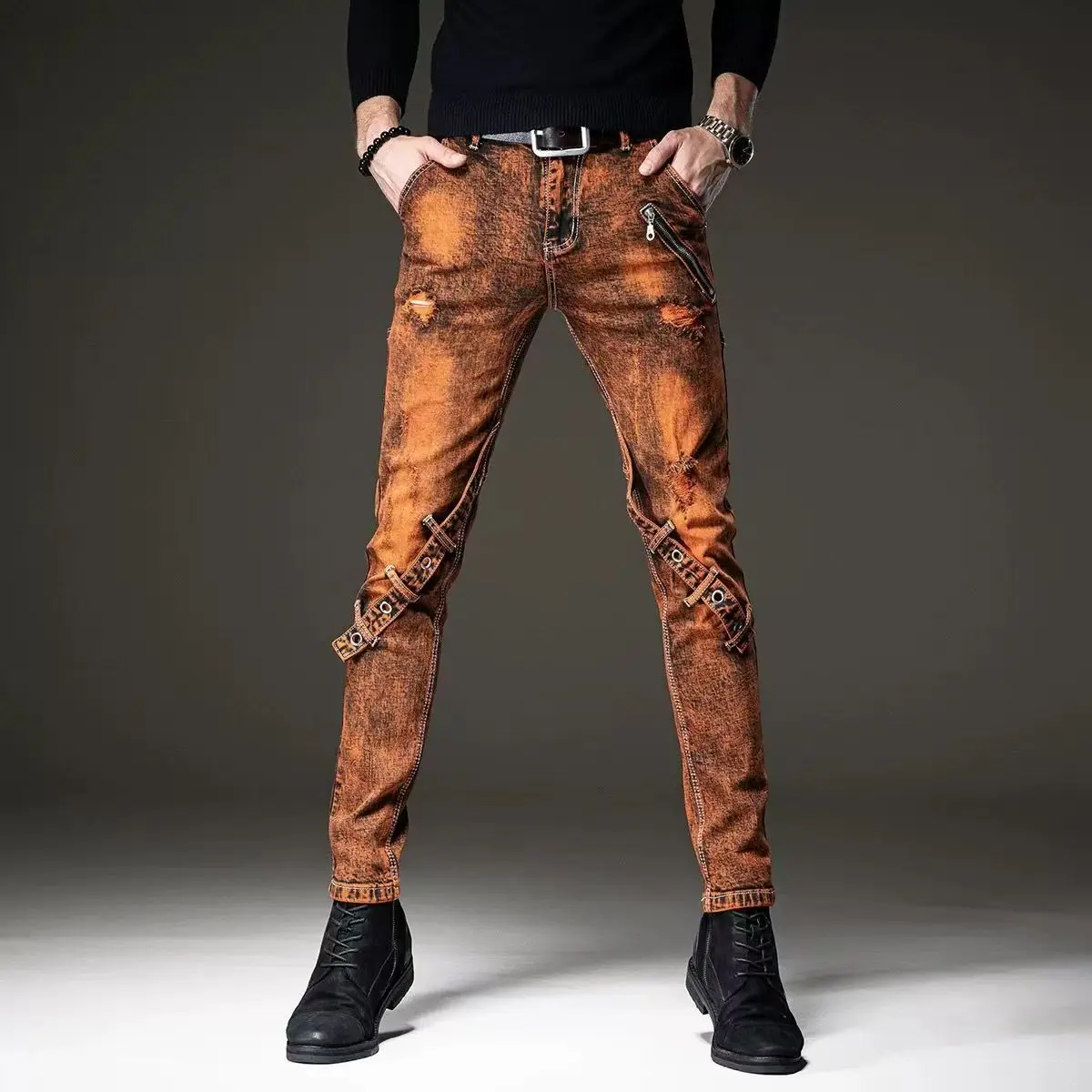 

Y2K Designer Fashion New Men's Jeans Washed Nostalgic Stretch Slim Fit Khaki Jeans Hip Hop Brand Pants Hombre