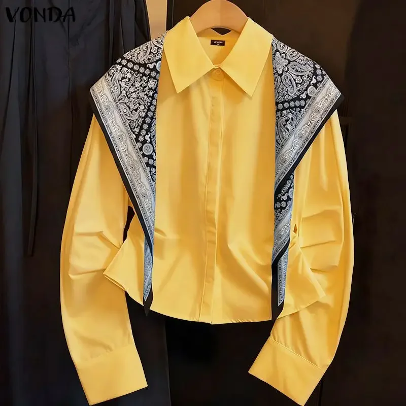

2026 VONDA Fashion Women Shirts Vintge Ethnic Print Shawl Long Sleeve Blouse Spring Autumn Lapel Patchwork Casual Tops Tunic