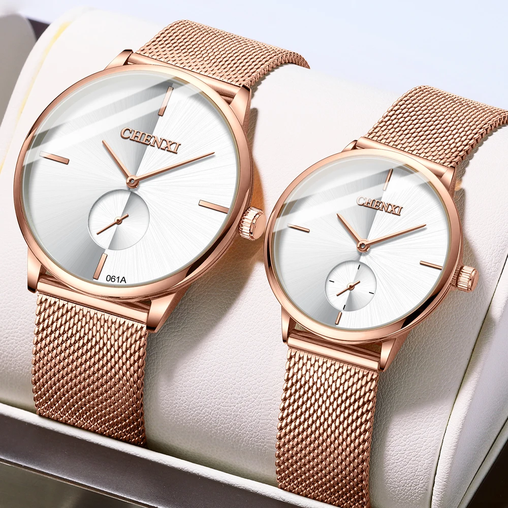CHENXI الفاخرة للماء الرجال النساء كوارتز ساعة موضة عادية شبكة من الاستانلس استيل حزام زوجين قسط ساعة اليد للهدايا
