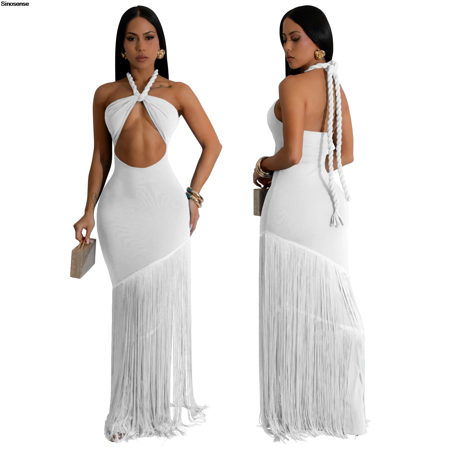 สตรี Halter Bodycon Maxi ชุดเซ็กซี่ Backless ตัดออก Slim Fringed ชุดยาว Elegant Beach Vocation Night Out Club Party Dress