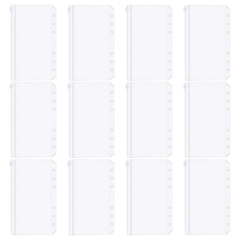 

12pcs Loose Leaf Binder Bags 6-Holes Zipper Pouches Clear Transparent Organizer For School Office Document Filing Storage