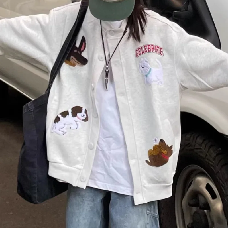Sweet Cute Cartoon Puppy Embroidery Button Up Hoodie Women Y2K Casual Sweatshirt Plush Dog Flocking Outwear Teenager Clothes