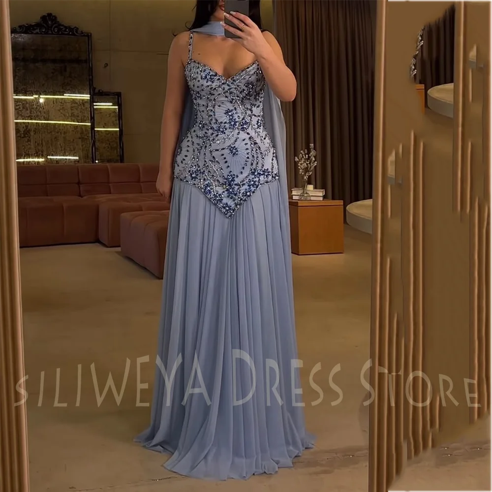 Vestido de Noche Clásico de Gasa con Cuentas Brillantes y Capa Desmontable, Largo hasta el Suelo, Corte A, Maxi Vestido para Fiesta de Graduación, Invitada a Boda, Banquete