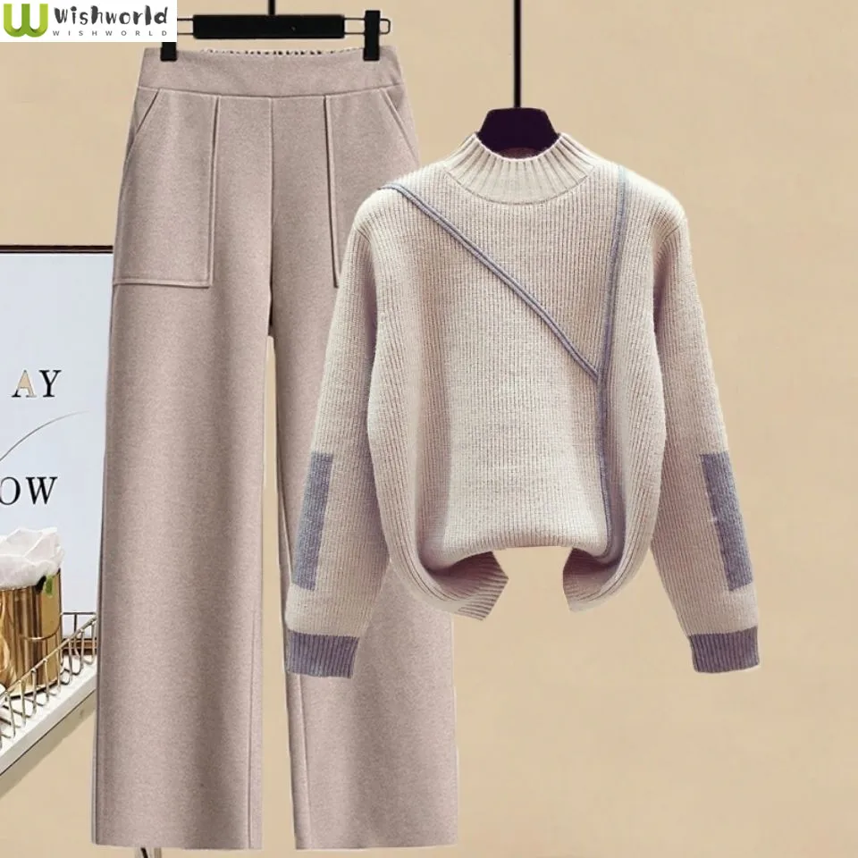 2022 New Autumn and Winter Korean Fashion Casual Crew Neck Sweater Slim High Waist Thick Woolen Pants Two Piece Set