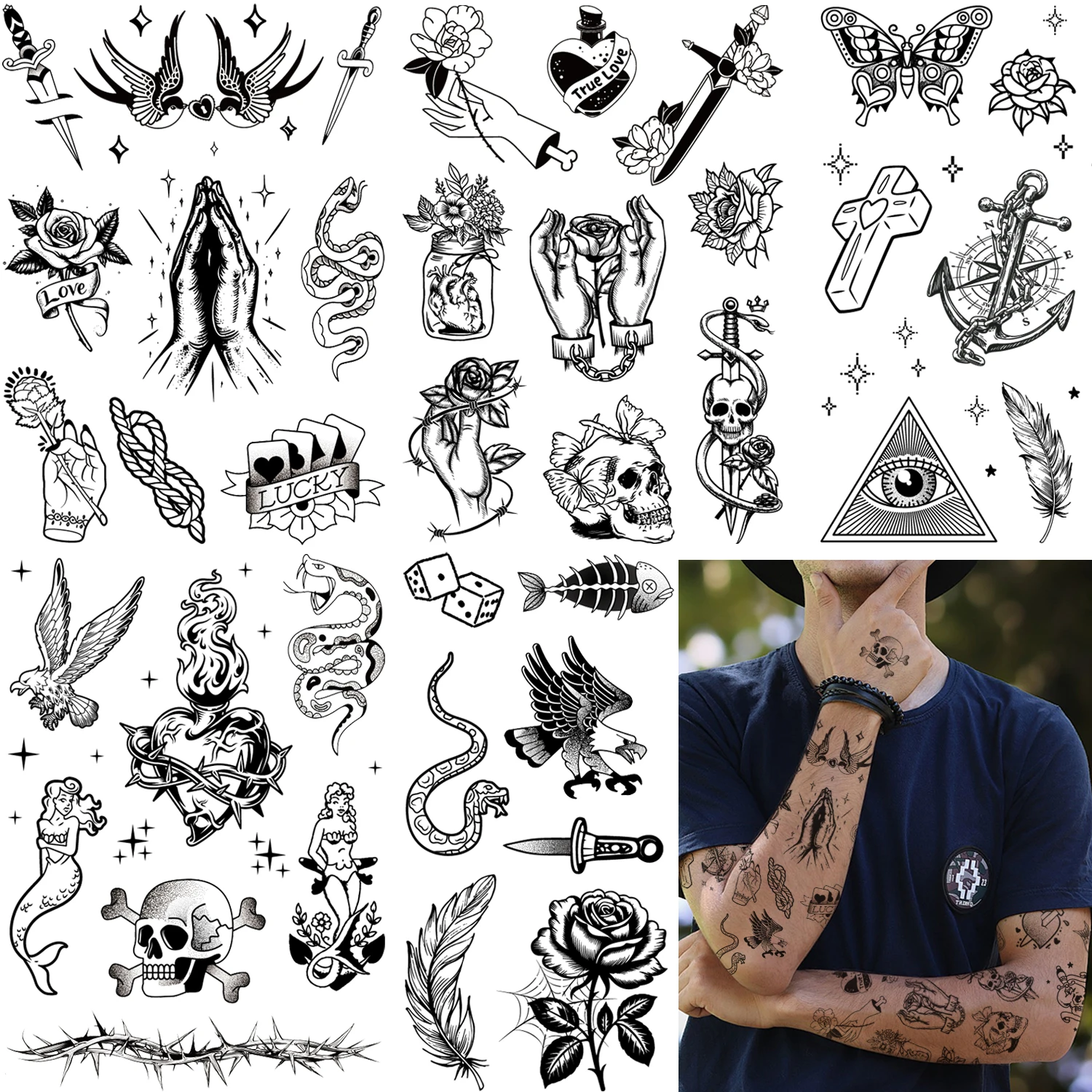 

Полуперманентная татуировка, старинный школьный стиль, тату большого размера, водонепроницаемая и устойчивая к поту - долговечность на 1-2 недели.