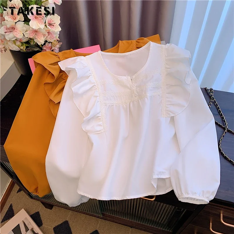 

2023 Winter Elegant Sweet Round Neck Solid Color Puff Sleeve Shirt Women Causal Solid Chic Soft Blouses Chiffon Tees Top