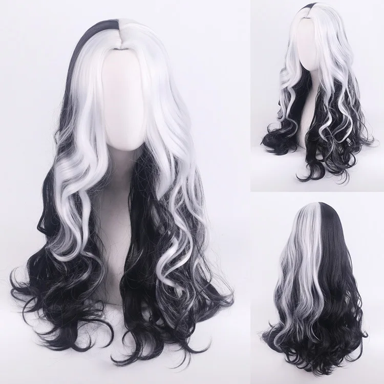 CRUELLA Deville De Vil Cosplay negro blanco con flequillo pelo para mujeres con flequillo pelo corto Bob peluca sintética resistente al calor