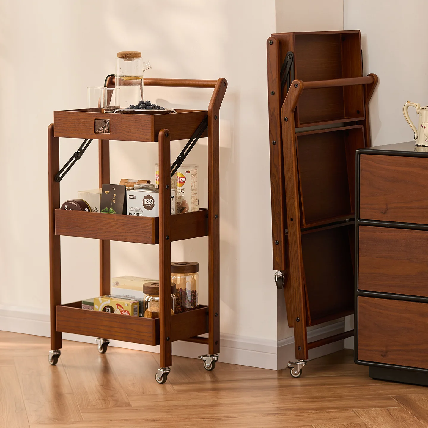 Living room movable folding floor rack trolley snack toy solid wood storage rack high value storage rack