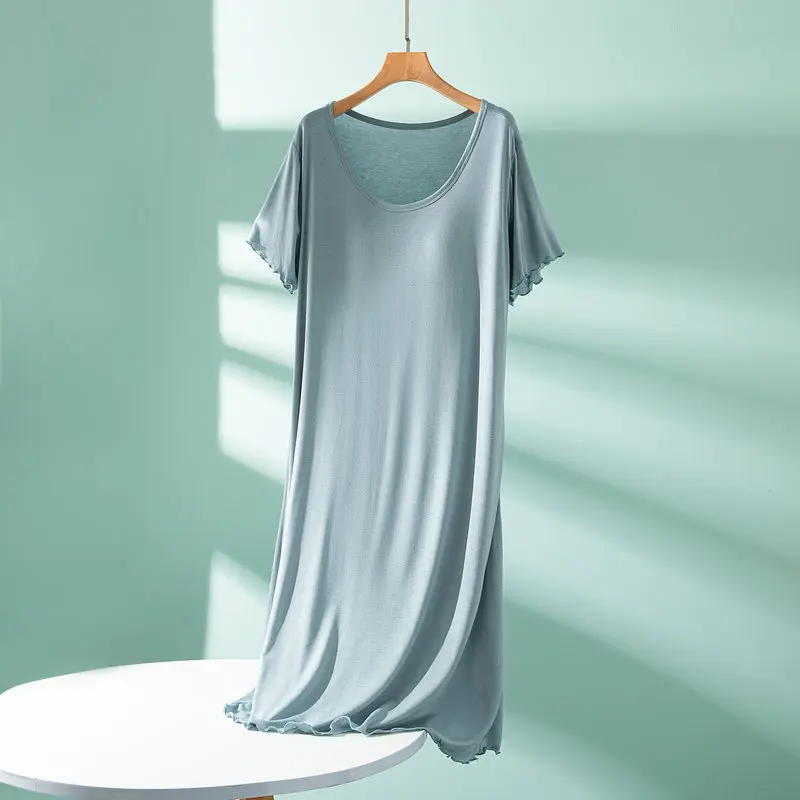 New Short Sleeve Modal Comfortable Sleepwear Women O Neck Chest Pad Nightgowns Casual Summer Nightshirt Ladies Home Wear Dress