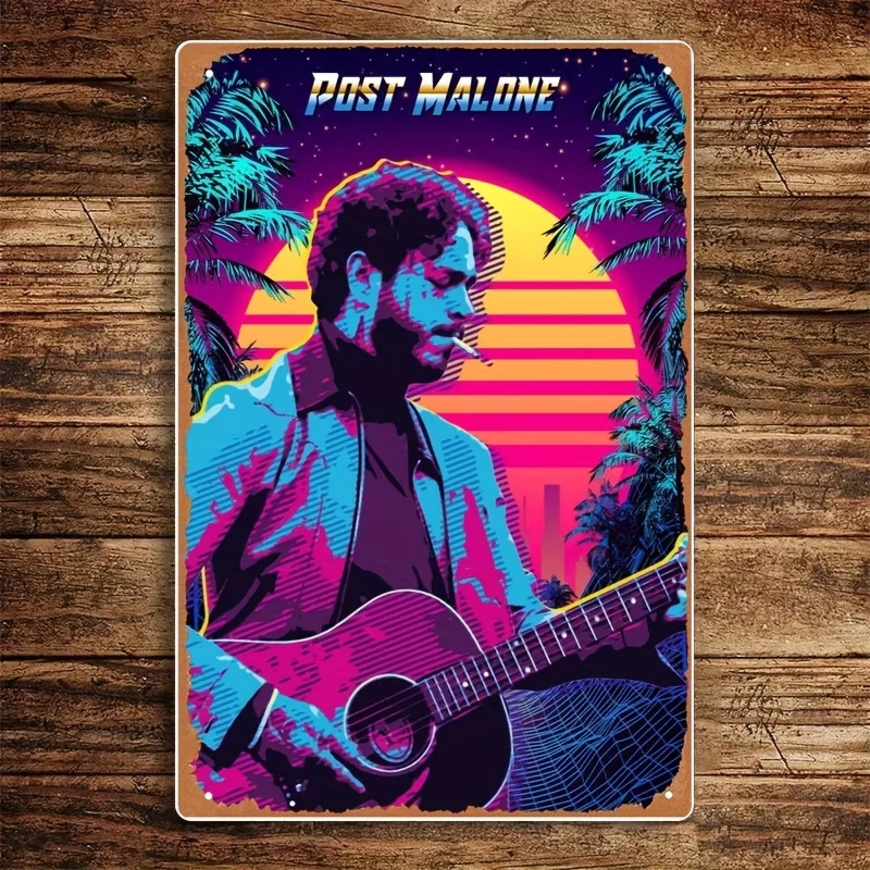 Retro Metal Tinplate Wall Art - Post Malone Tropical Sunset Guitar Design, Vibrant Neon Colors, Iron Sign for Home, Bar, Cafe,