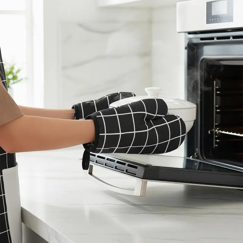1pc Insulated Kitchen Gloves Anti-Scald Heat-Resistant Thickened Oven Microwave Grid Gloves