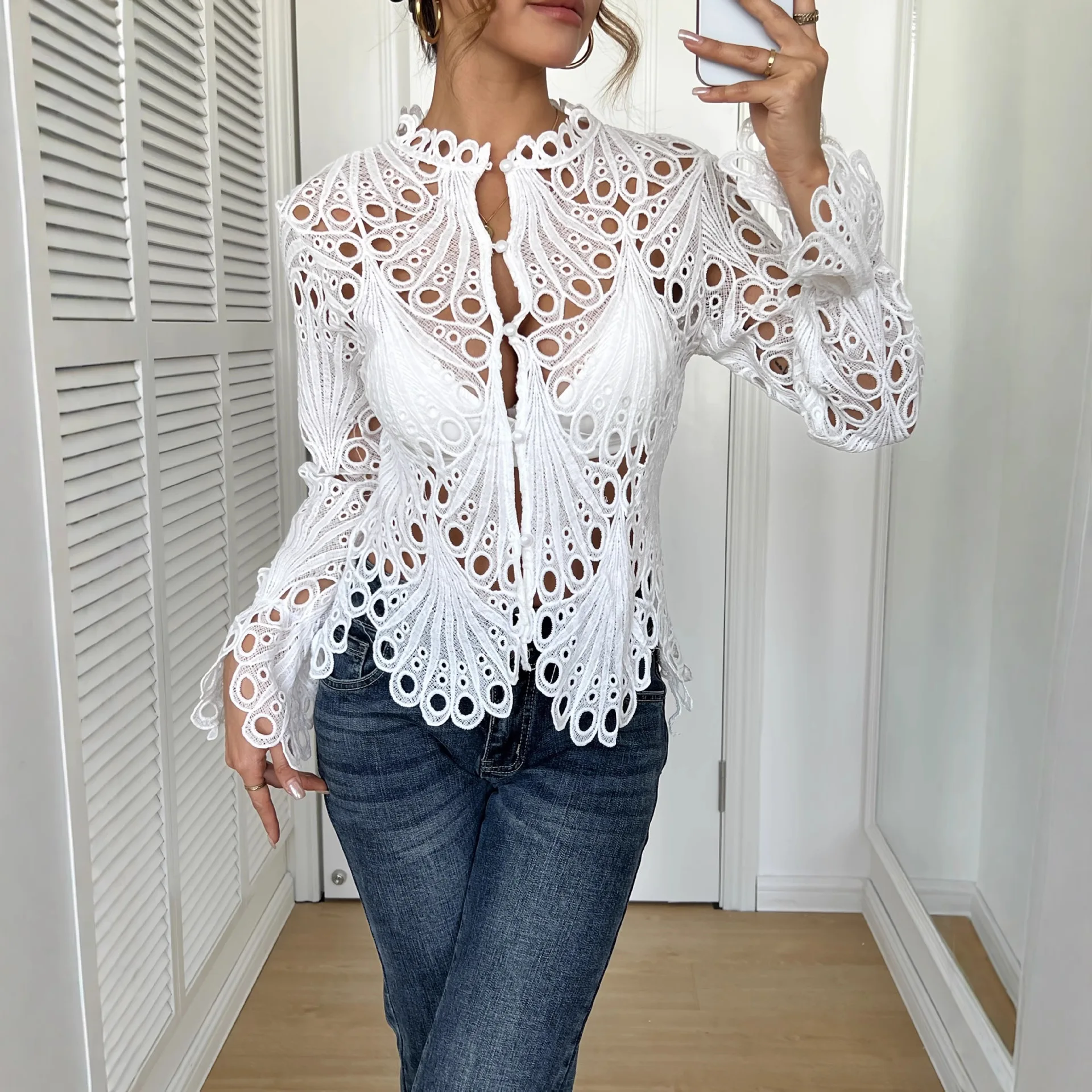 

2026 Women Spring Tops Button Hollow Out T Shirt Holes Flare Sleeve Top Lace Slim O Neck Casual Skinny Tees Lady Elegant Autumn