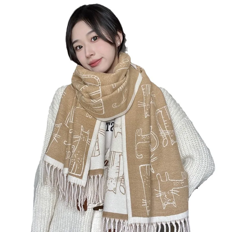 

New thickened tassel scarf for women cat printed cashmere hot-skinned shawl in autumn and winter warm scarf