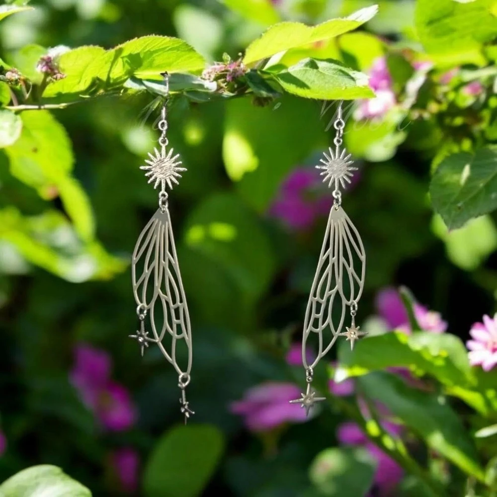 Temperament Sliver Color Stainless Steel Sun Hollowed-out Angel Wings Stars Tassel Dangle Earrings for Women Fairy Elf Jewelry