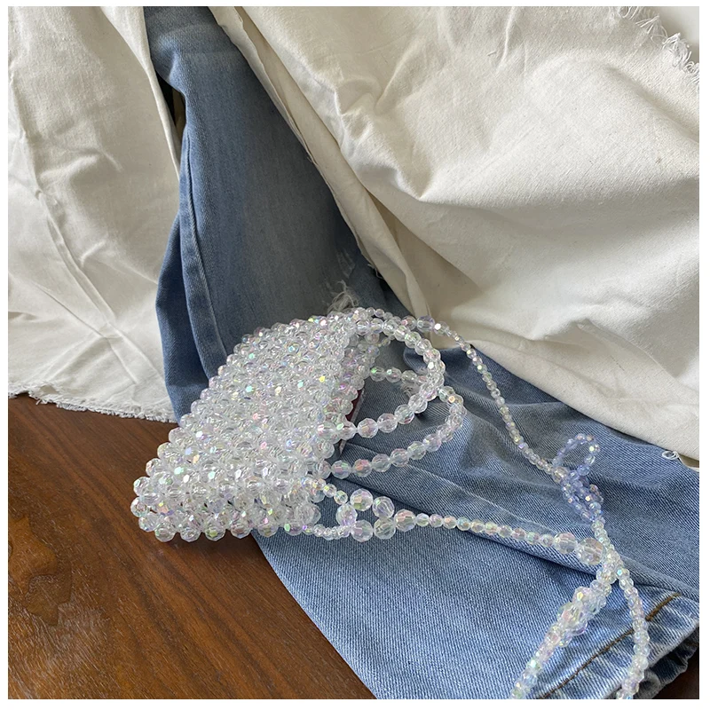 Elegant Pearl Transparent Shiny Wome Phone Bag Cute Hand-beaded Travel Vacation Beach Bag Hand-woven Purse Clear Summer