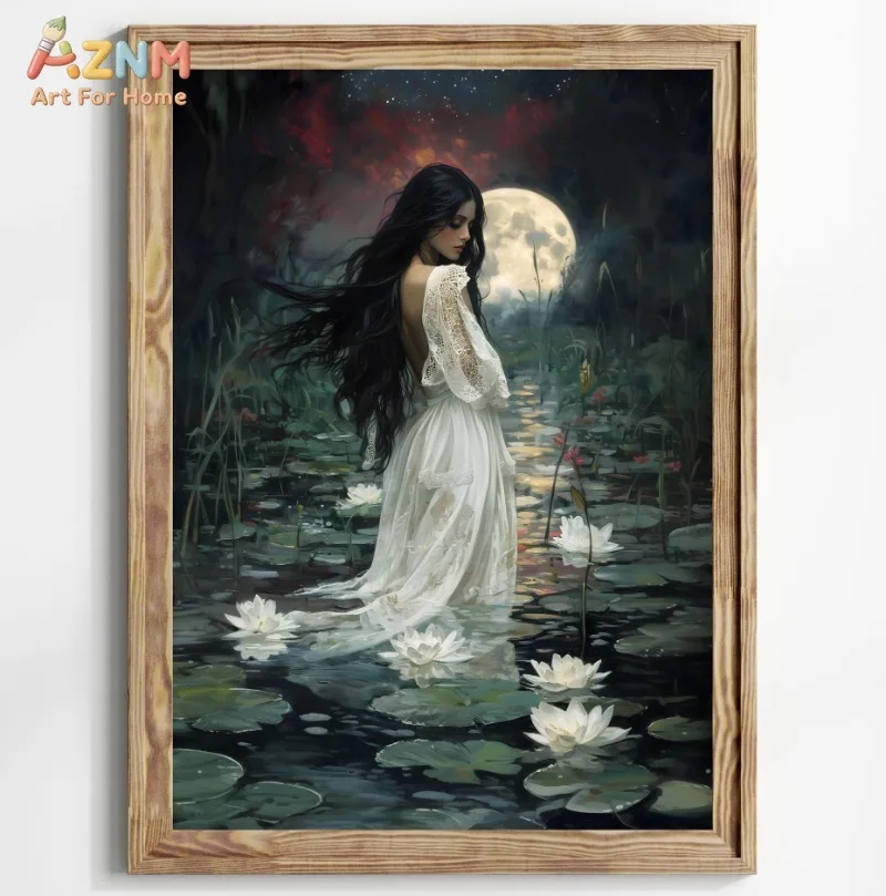 AZNM Dark Vintage Victorian Lady Canvas Wall Art Gothic Renaissance Disco Ball Peony Wolf Antique Lace Elegant Portrait Unframed