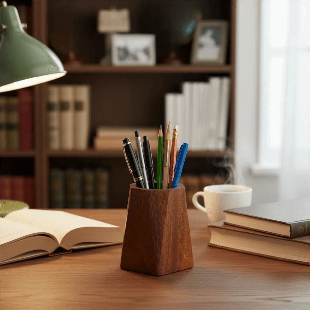 Multifunctional Vintage Walnut Pen Holder Smooth Surface Polishing Design Pen Container Octagonal Brush Holder Study