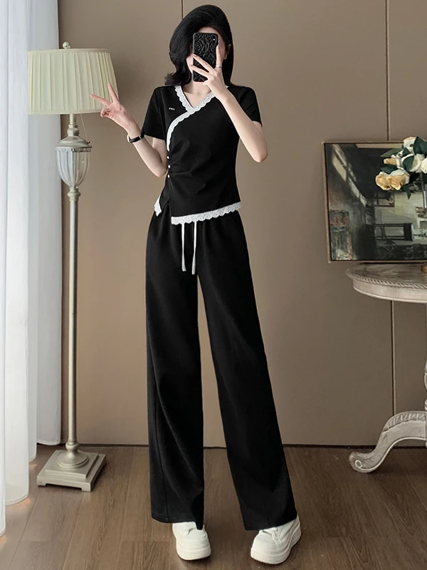 

Elegant Black Casual Fashion Set Women's Summer Design V-Neck Short Sleeve Top Wide Leg Pants Two-Piece Set Stylish Leisure S...