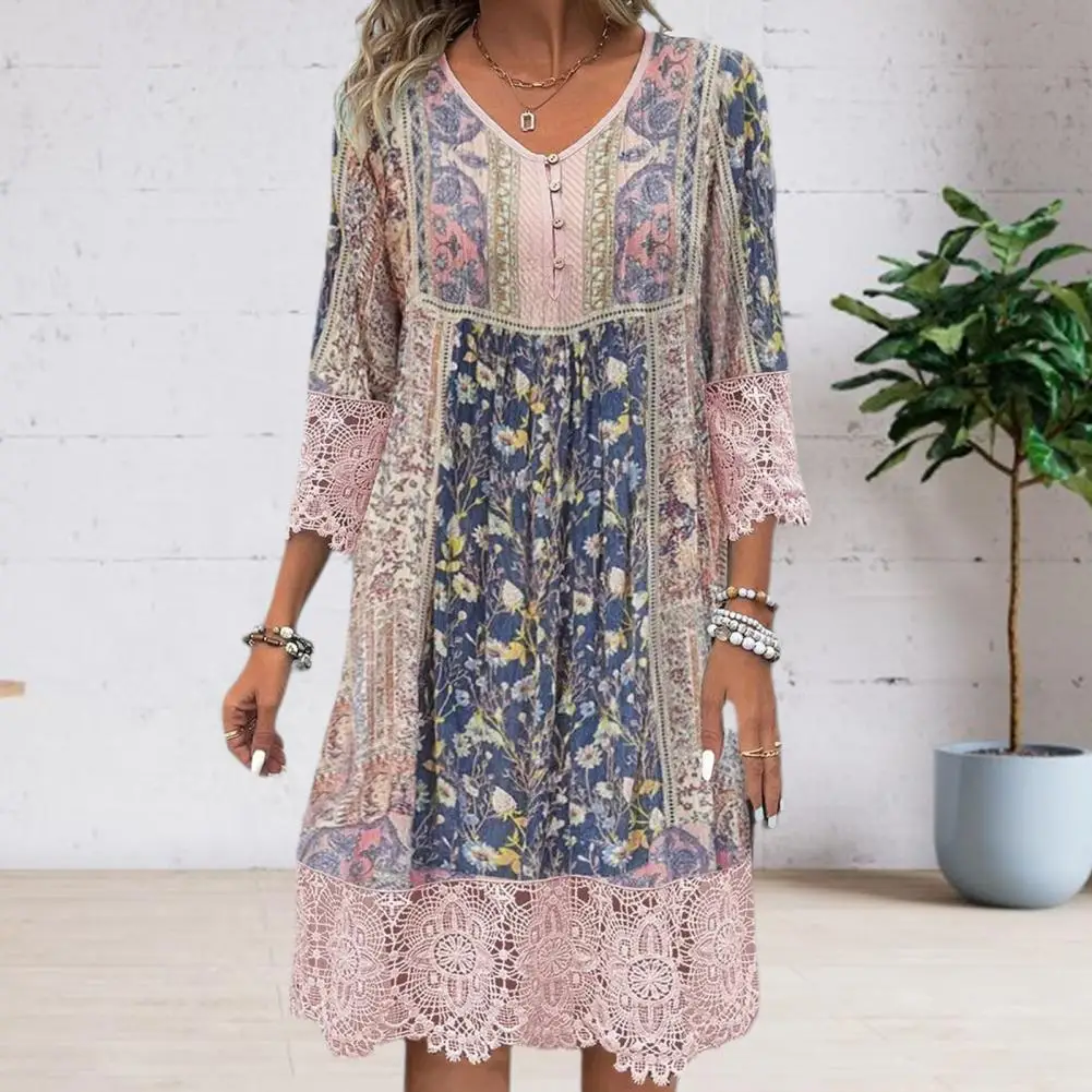 Sommer Midi Kleid Blumen druck Kleid Bohemian Stil Blumen druck Midi Kleid mit Spitze Patchwork V-Ausschnitt Knöpfe Frauen Retro