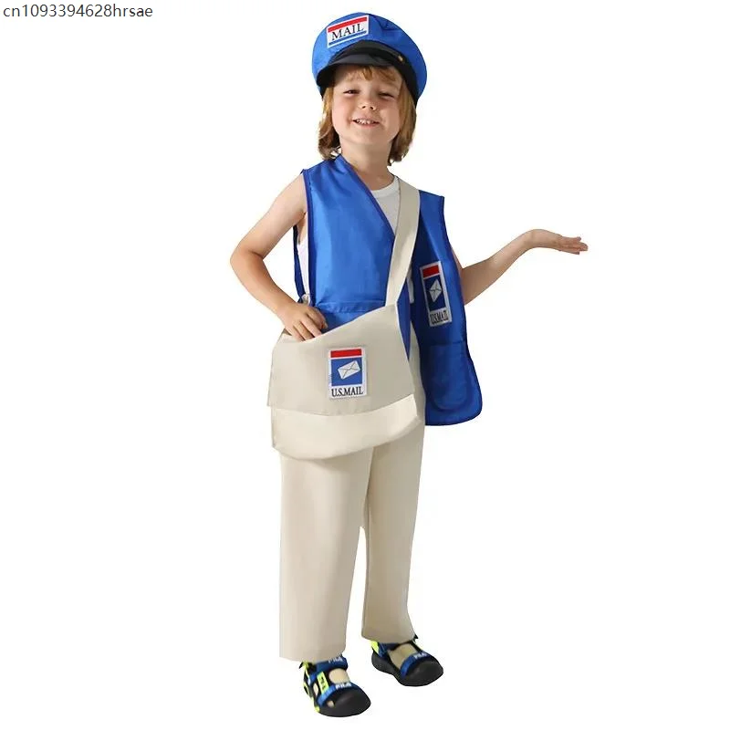 

Unisex Boys Postman Fancy Dress up Costume America Mail Carrier Blue Uniform Children Costume Girls Mailman Cosplay