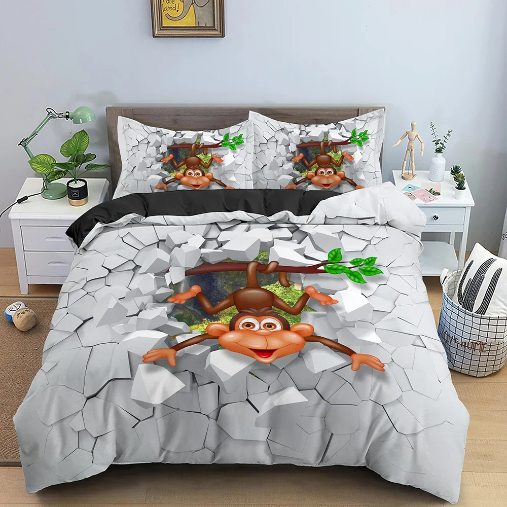 Cartoon Animal Duvet Cover King/Queen Size Cute 3D Monkey Print Bedding Set for Kids Girls Boys Wildlife Soft Decor Quilt Cover