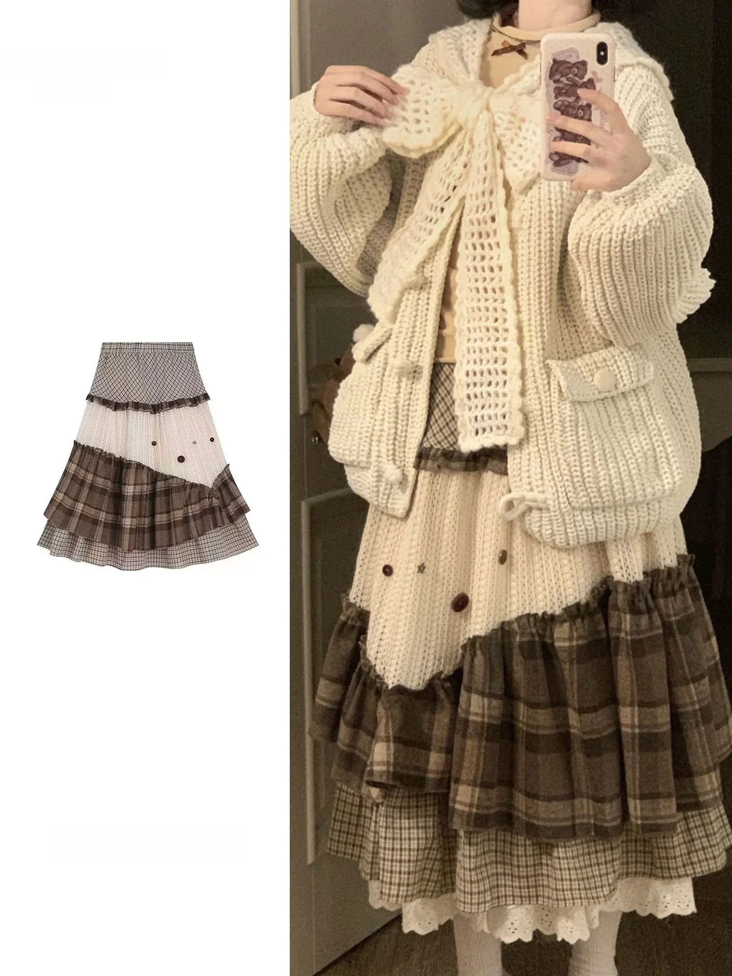 Large Size Vintage Brown Plaid Asymmetrical Heavy Splicing Half Skirt Women's Autumn Winter Forest System High Waist Slim A-L...