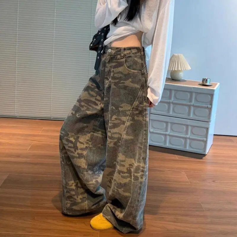 

Large Retro Camouflage Wide Leg Jeans for Women New American Street Style Spicy Girl Loose Silhouette Floor Length Pants Gift