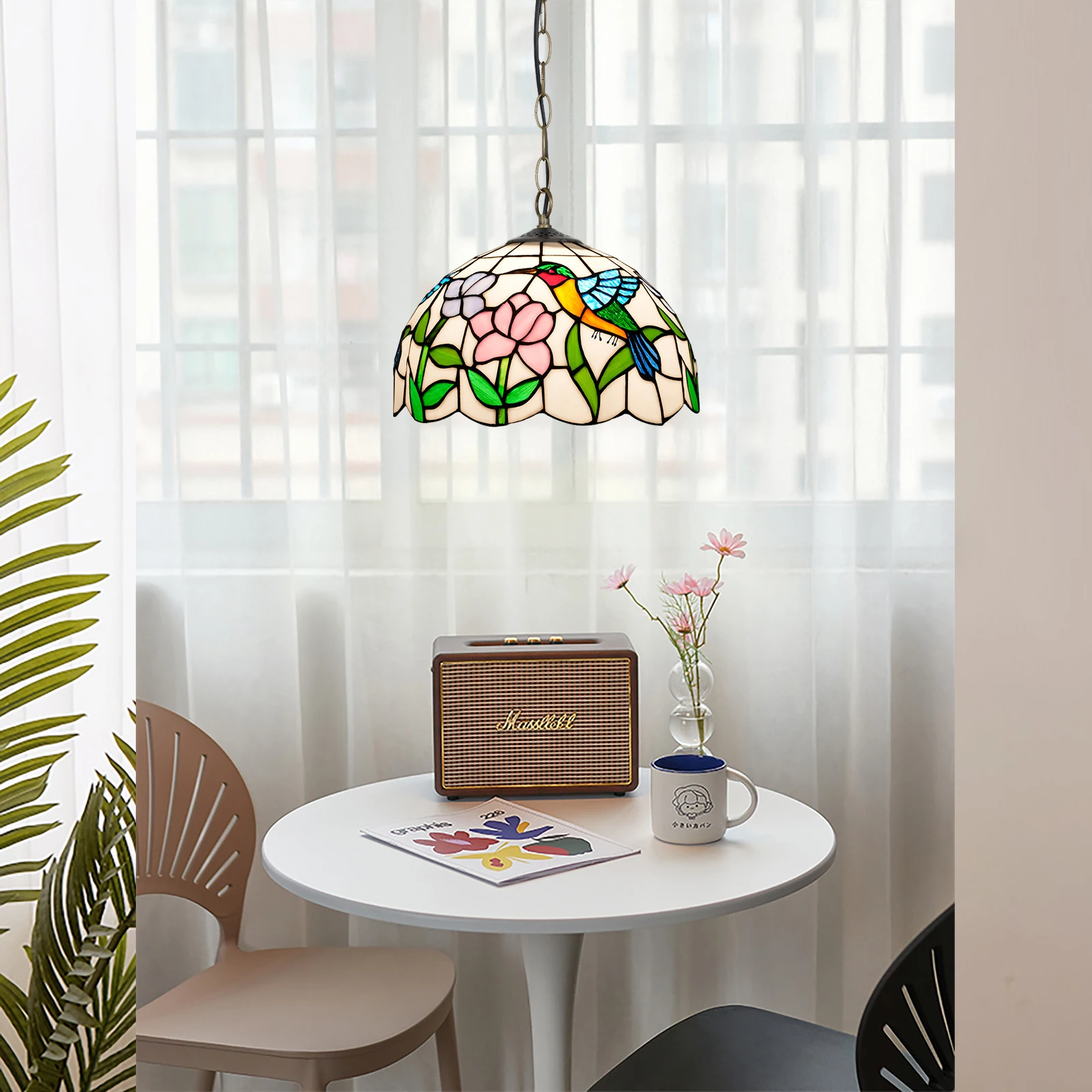 Hummingbird Flower Modern Style Stained Glass Ceiling Pendant Fixture with 12 Inch Wide Handmade Lampshade Chandelier