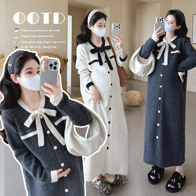 

Платье для беременных, осень-зима 2022, Новое поступление, корейский стиль, элегантное минималистичное однобортное трикотажное платье с круглым вырезом и бантом