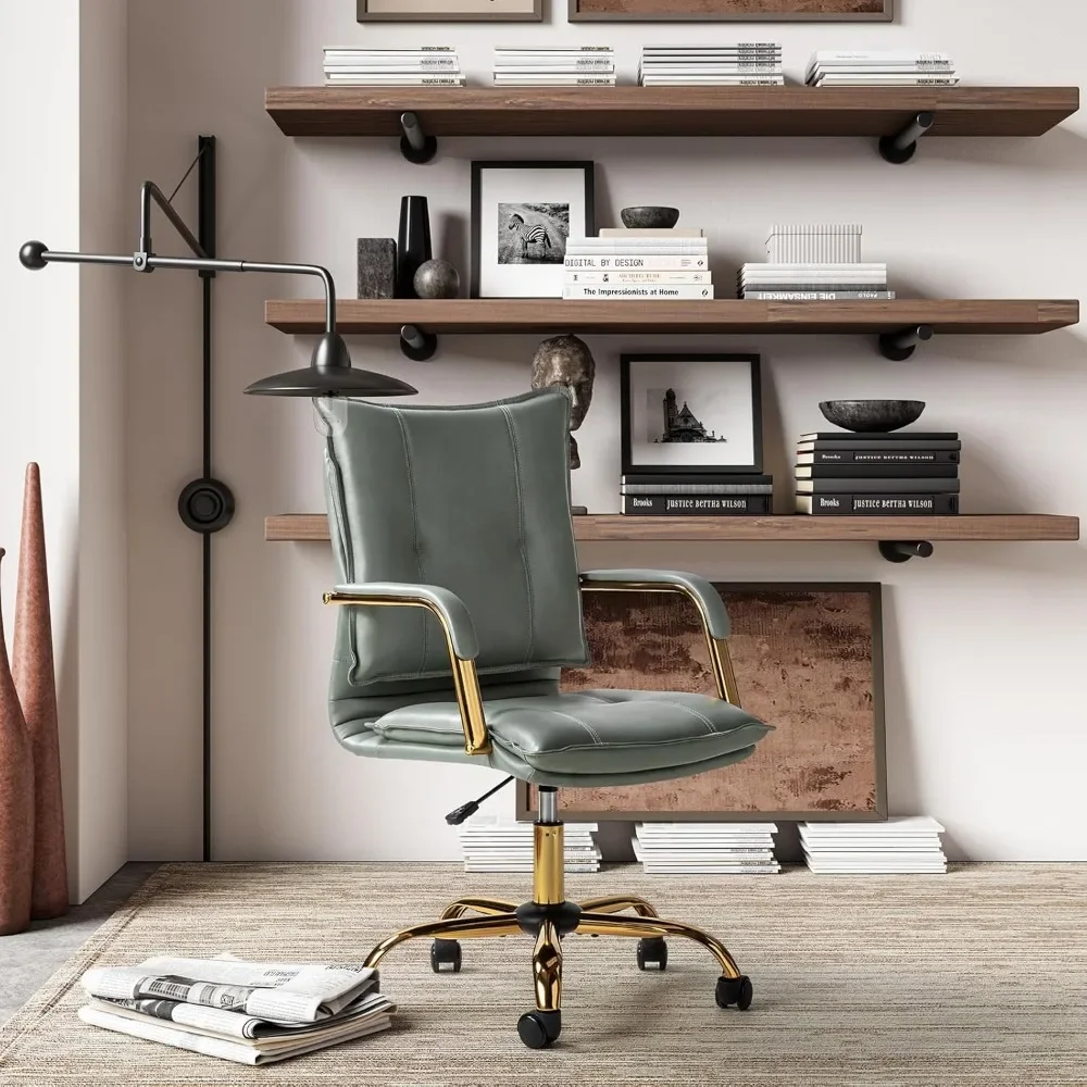 

HOME Faux Leather Home Office Desk Chair, Adjustable Swivel Computer Chair with Golden Legs and Arms