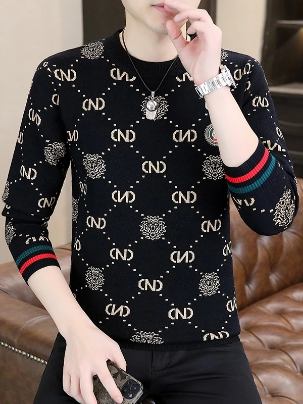

Мужской вязаный свитер с круглым вырезом, осенне-зимний, новый, очень теплый, с цветочной вышивкой, с длинными рукавами, базовый, повседневный, модный