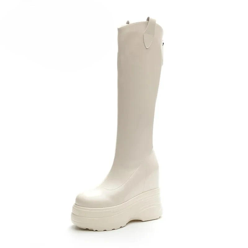 

11cm Heel High Platform Internal Heightened High Heel Women's Boots Fashion Genuine Leather Women's High Boots Botas Para Mujer