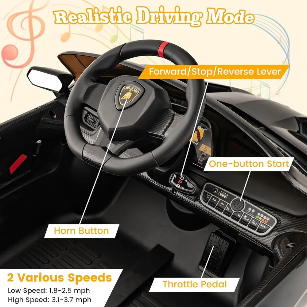Ride on Car, Lamborghini Licensed 12V Battery Powered 4WD Sports Car with Remote Control, 3 Speeds, Hydraulic Doors,Black