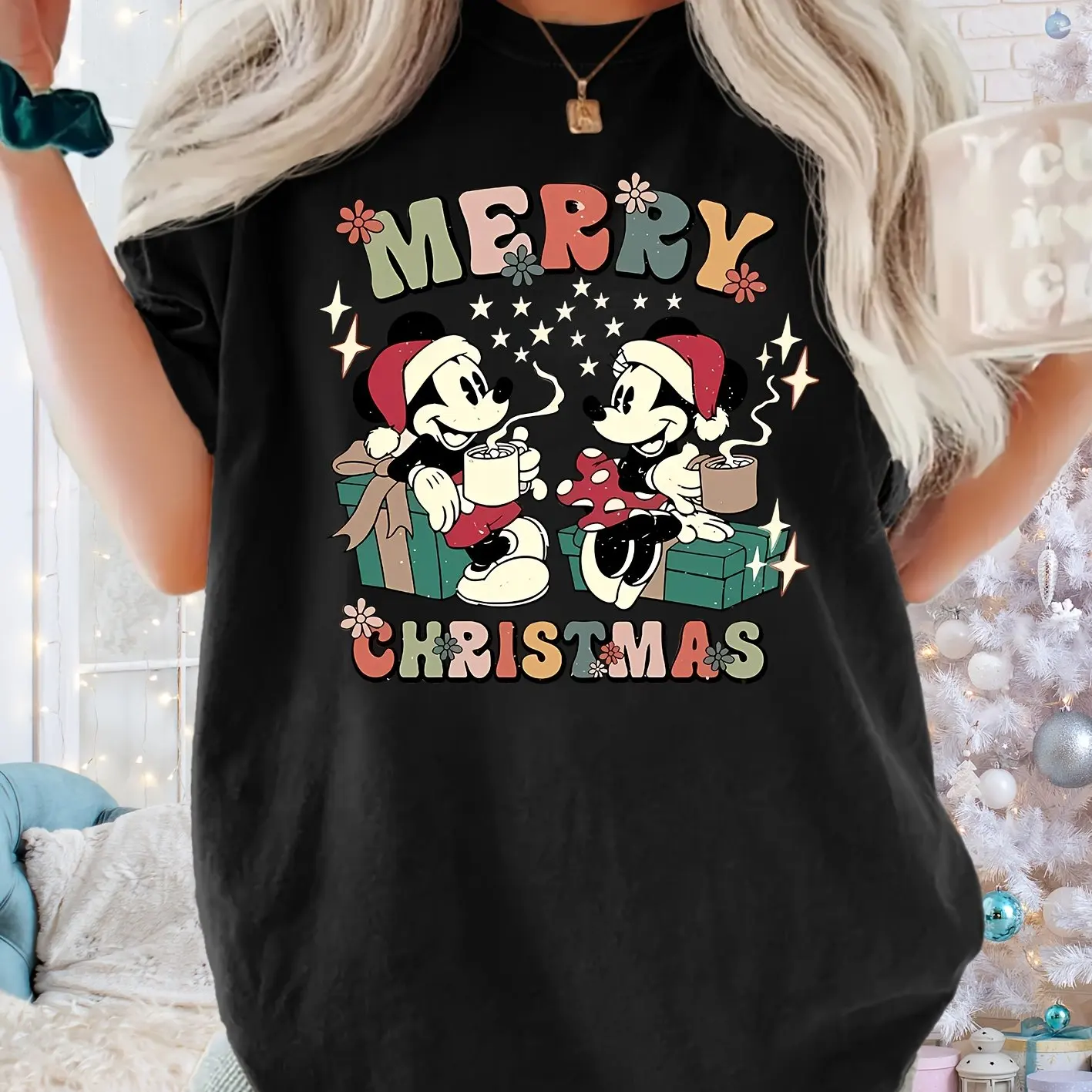 

Disney Mickey Mouse Christmas T-Shirt Cotton Men's Women Casual Trendy Oversized Loose Short Sleeve Unisex Event Outfit
