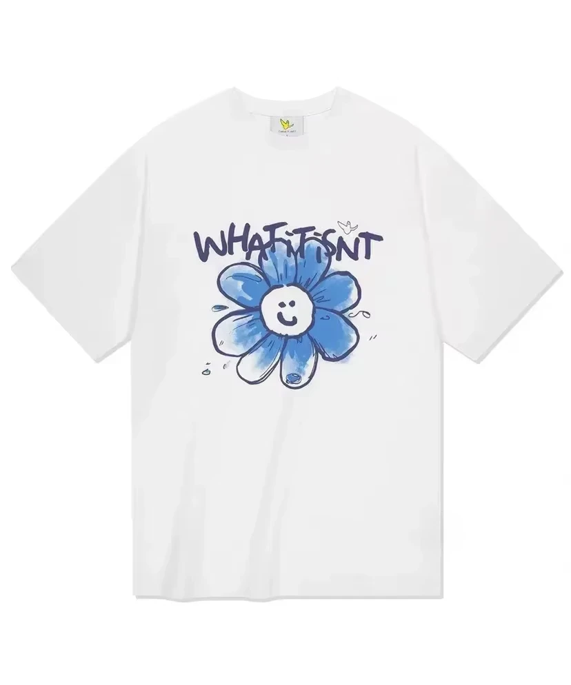 

Summer New Korean Star with The Same Cotton T-shirt Short-sleeved Flower Pattern Y2k Unisex Fashion Streetwear T-shirt