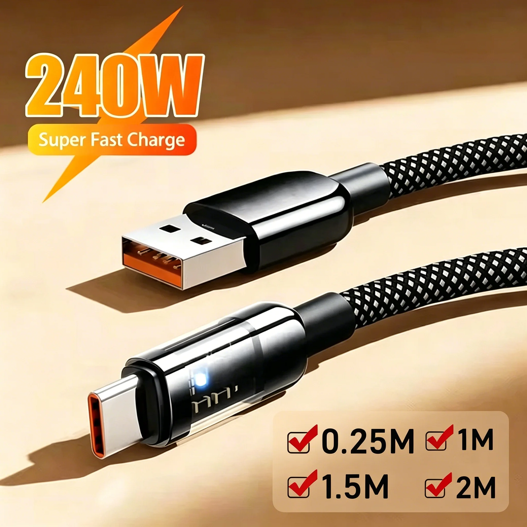 Cable de carga rápida USB C de 240W y 10A, cable de carga tipo C transparente trenzado de nailon para Samsung, Huawei, Xiaomi, Cable de carga rápida